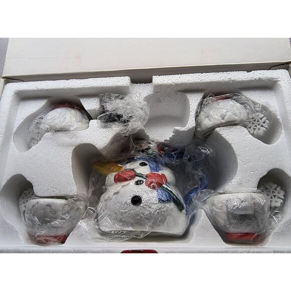 Department 56 Snowman Ceramic Teapot & 4 Snowflake Cups Holiday Set - Picture 6 of 7